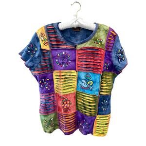 RISING INTERNATIONAL | Patchwork Boho Tie Dye Top Festival Hippie Art Tee | XL